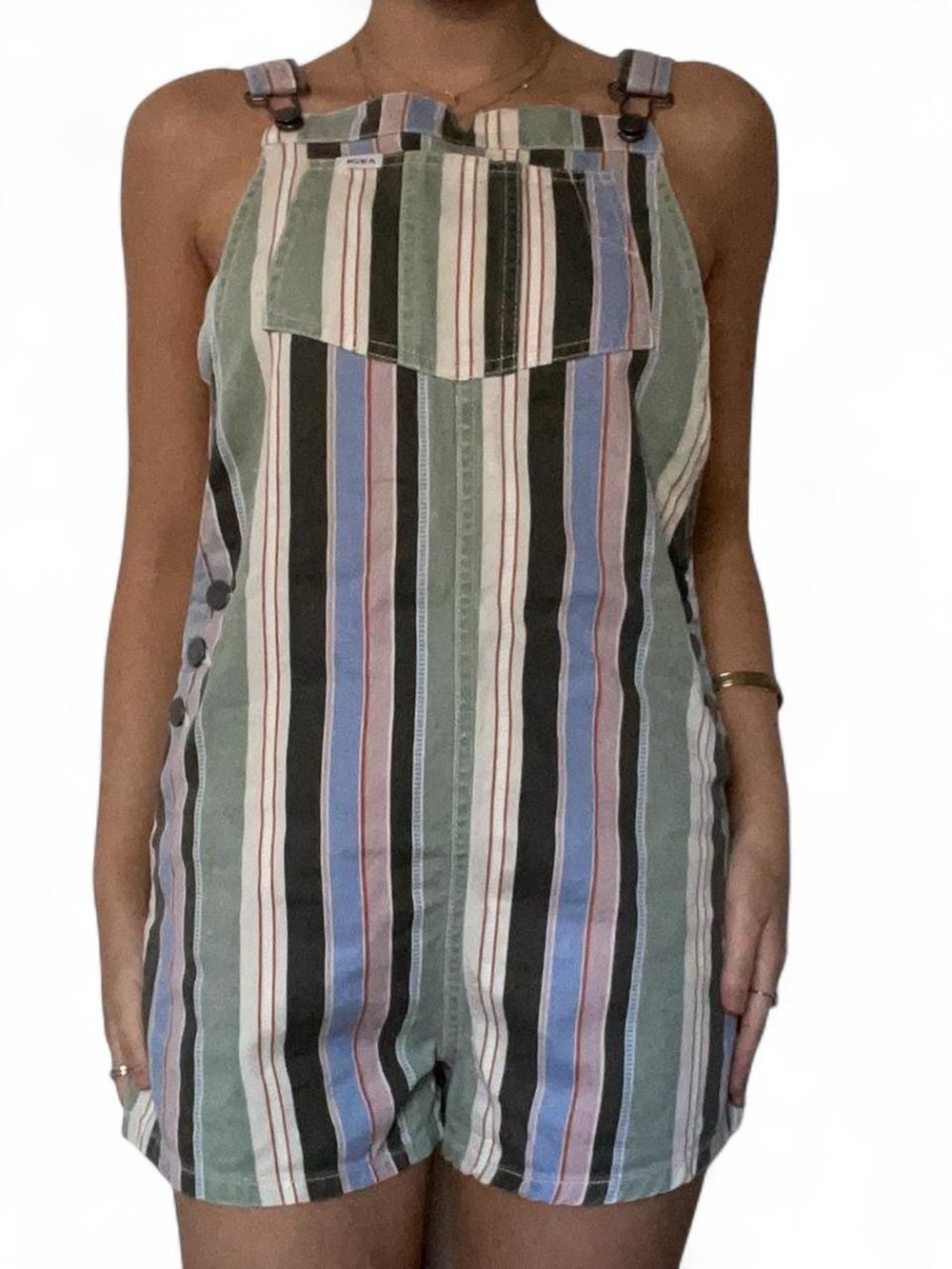 RVCA Green, Blue and Black Striped Short Overalls